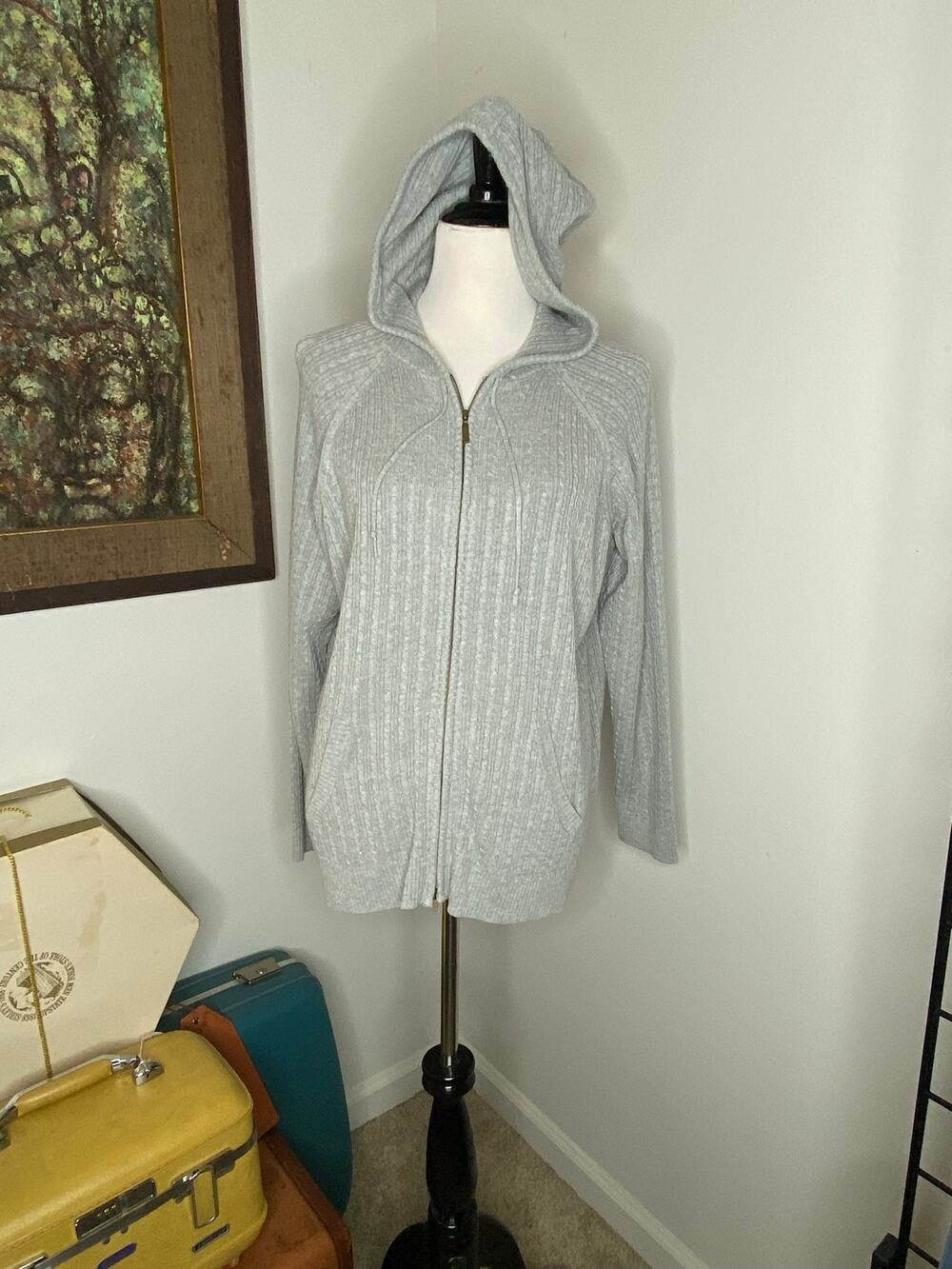 Classic Elements Petite XL Gray Ribbed Hooded Cardigan Full Zip Cotton Sweater